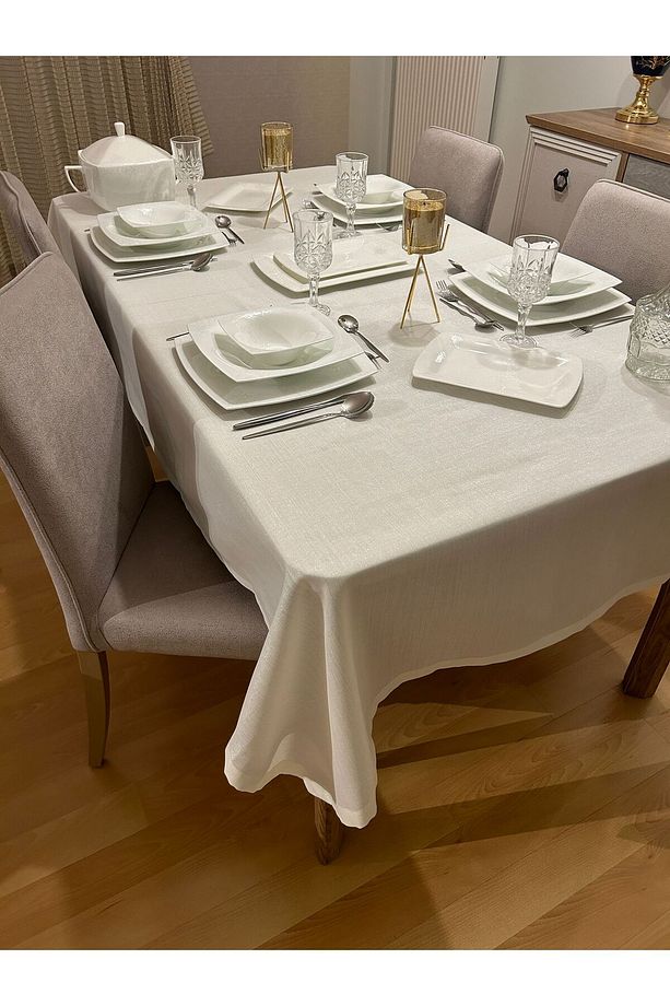 Polyester Keten Simli Masa Örtüsü Krem - 6