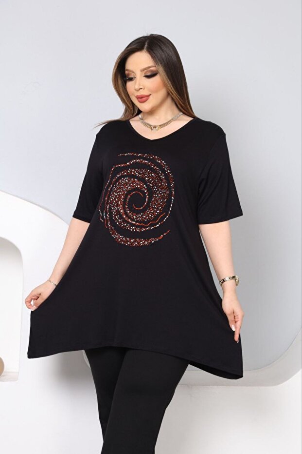 v-neck asymmetrical tunic blouse with colorful stone embellishments on the front.