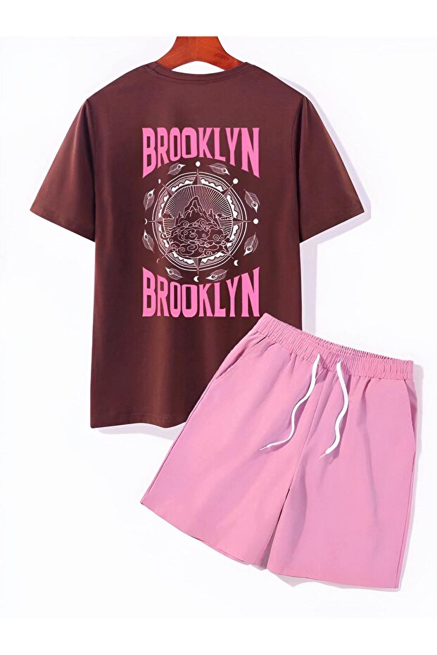 brown brooklyn printed pink shorts set