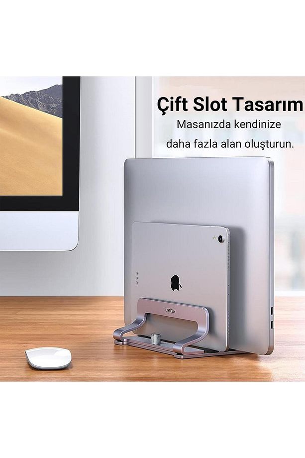 Masaüstü Alüminyum Çift Yuvalı Dikey Notebook Macbook Laptop Standı - 6