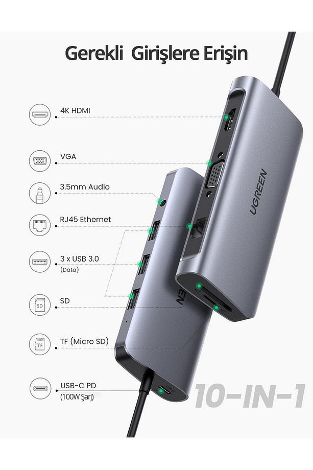 Type-c To Usb 3.0 Hdmı Vga Rj45 Tf Sd 3.5mm Aux Pd Dönüştürücü Adaptör - 4