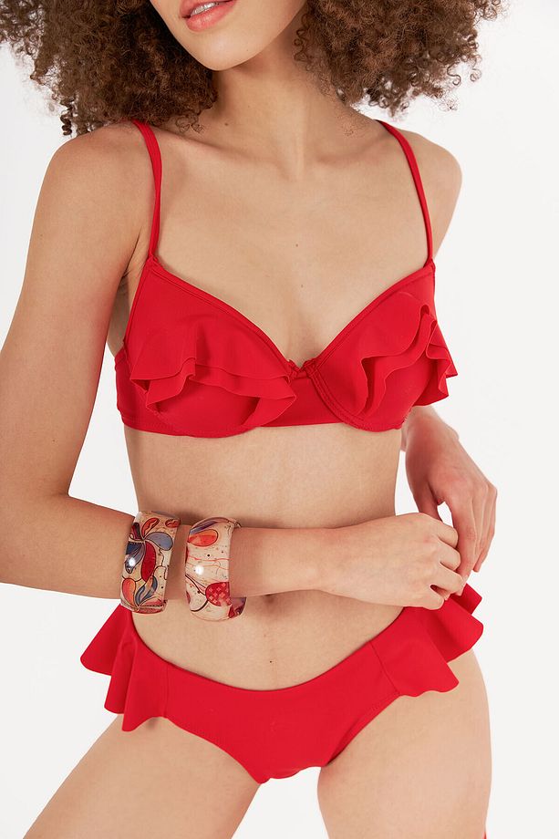 Kırmızı Önü Volanlı Bikini Takımı - 2