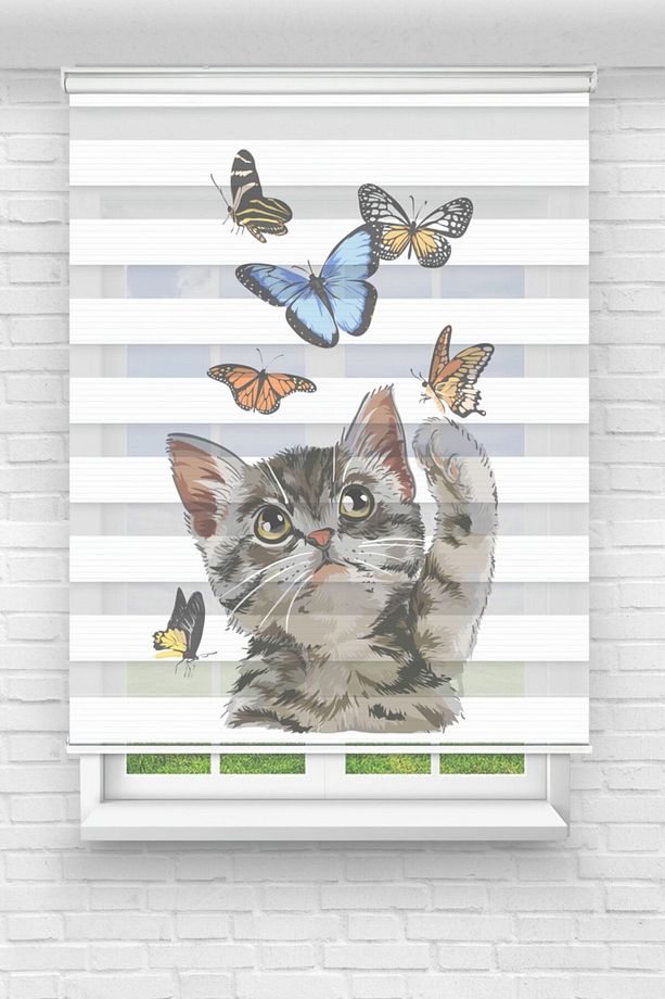Kelebek Yakalayan Kedi Dijital Baskılı Zebra Perde-genç Odası Perdesi-zebra Stor Perde - 1
