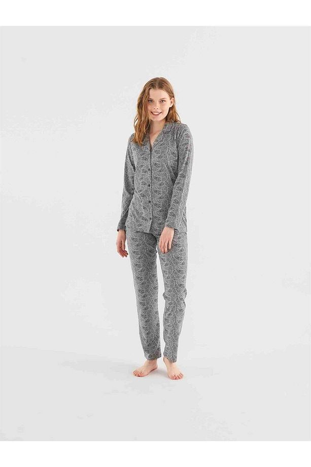 023K37ZE9TA9GRP MOD COLLECTION Kadın Gri Melanj Boydan Patlı Pijama Takım 023K37ZE9TA9GRP - 1