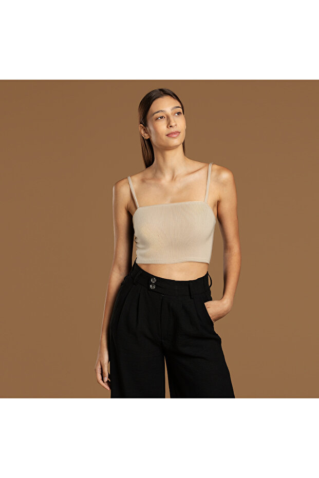 Ribbed Cotton Knitted Short Crop Singlet with Rope Strap 40 cm