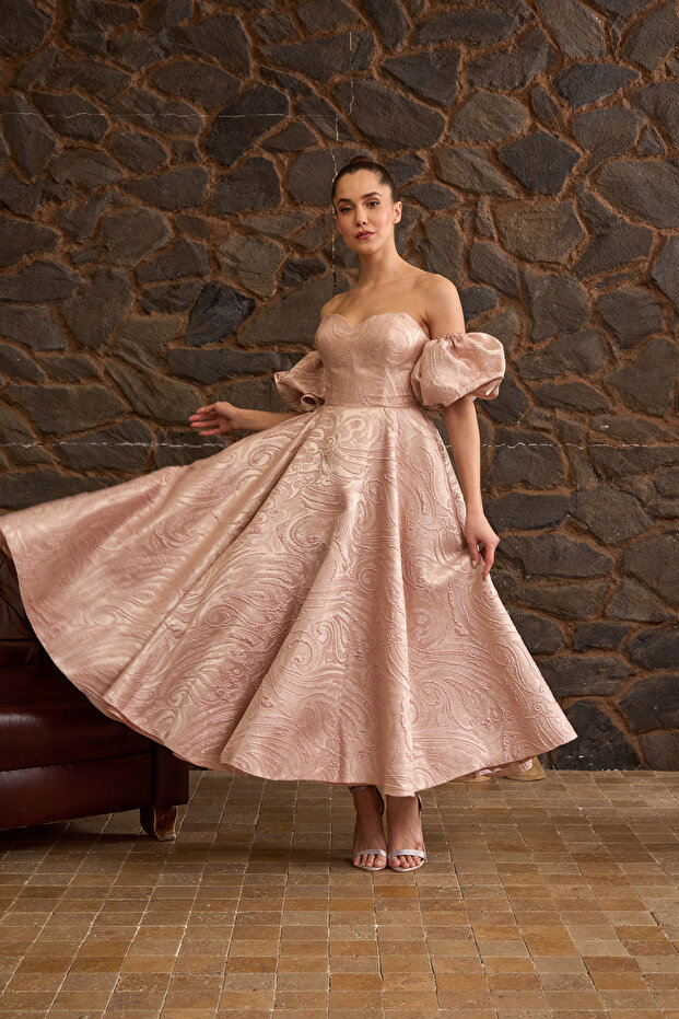 Pudra Desenli Brokar Kumaş Midi Boy Abiye Ve Nişan Elbisesi - 3