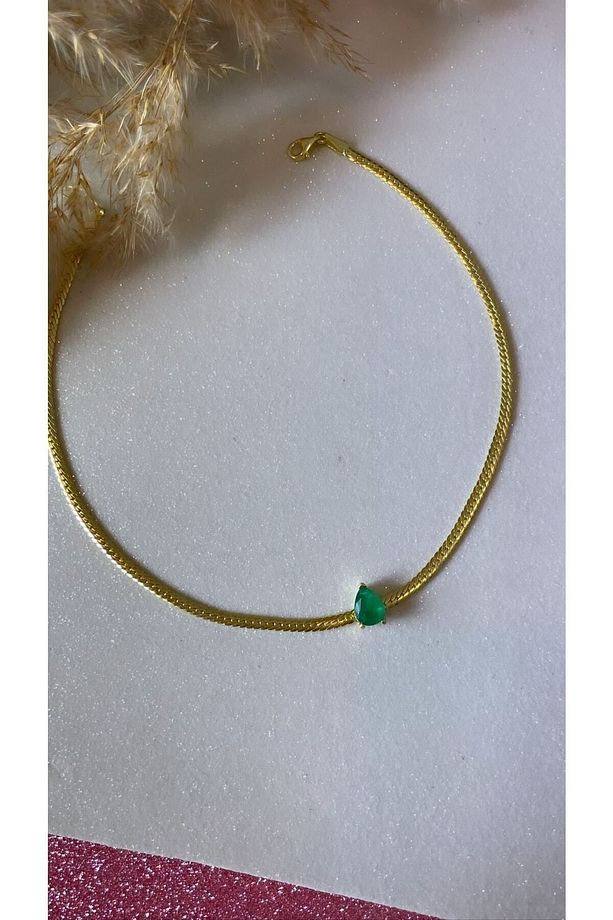 Altın Kaplama Zümrüt Renk Damla Form Yılan Choker Kolye 925 Ayar Gümüş - 6