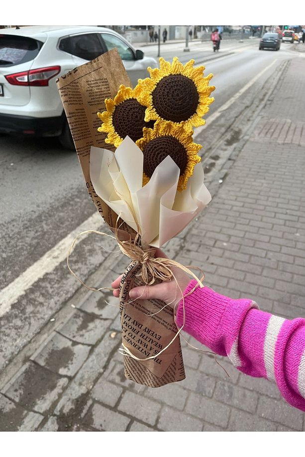 Örgü Ayçiçeği Buketi,Yapay Solmayan Ayçiçeği,Örgü Çiçek Buketi,Anneye,Sevgiliye,Öğretmene Hediye - 5