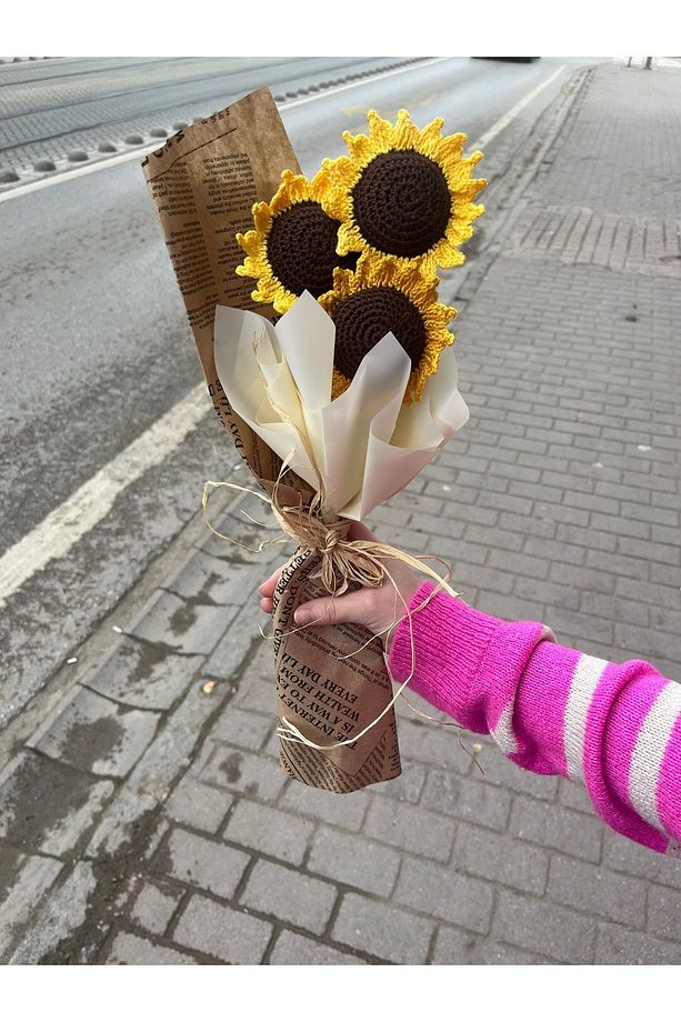 Örgü Ayçiçeği Buketi,Yapay Solmayan Ayçiçeği,Örgü Çiçek Buketi,Anneye,Sevgiliye,Öğretmene Hediye - 7