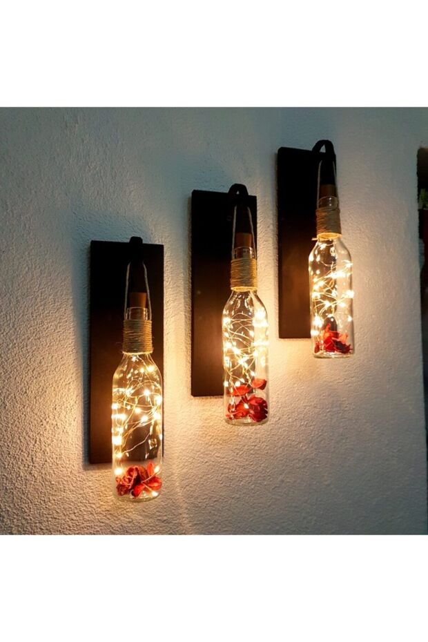 Led Işıklı Mat Siyah Renkli Şişe Mode Duvar Aplik 3 Lü Set, Cafe, Ofis, Antre Dekoru - 2