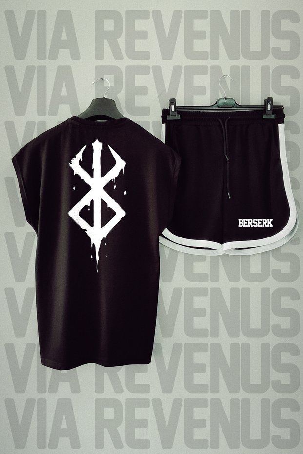 Berserk Printed Black Zero Sleeve Tshirt and Black Shorts Sports Set