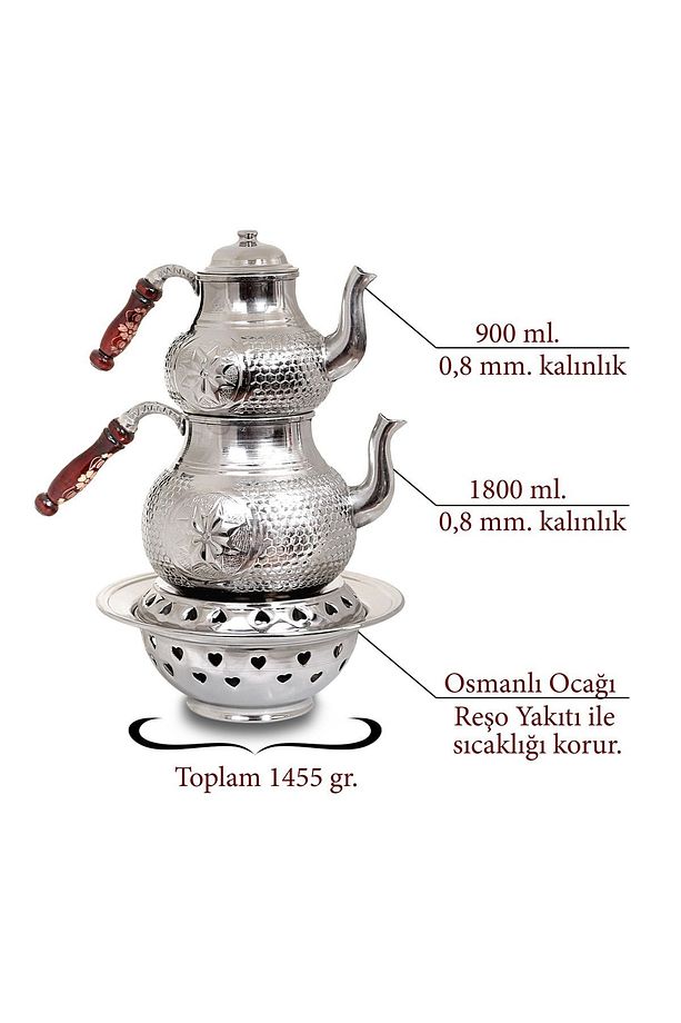 El Yapımı Yıldız Petek Zımba Ocaklı Bakır Çaydanlık Takımı - 3