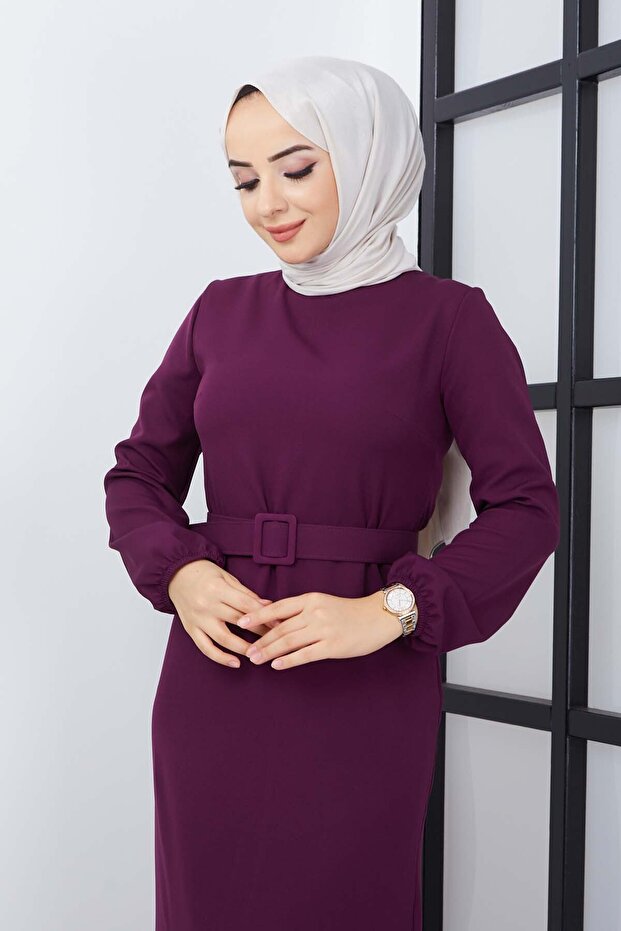 Gülce Krep Elbise - Mor - 6