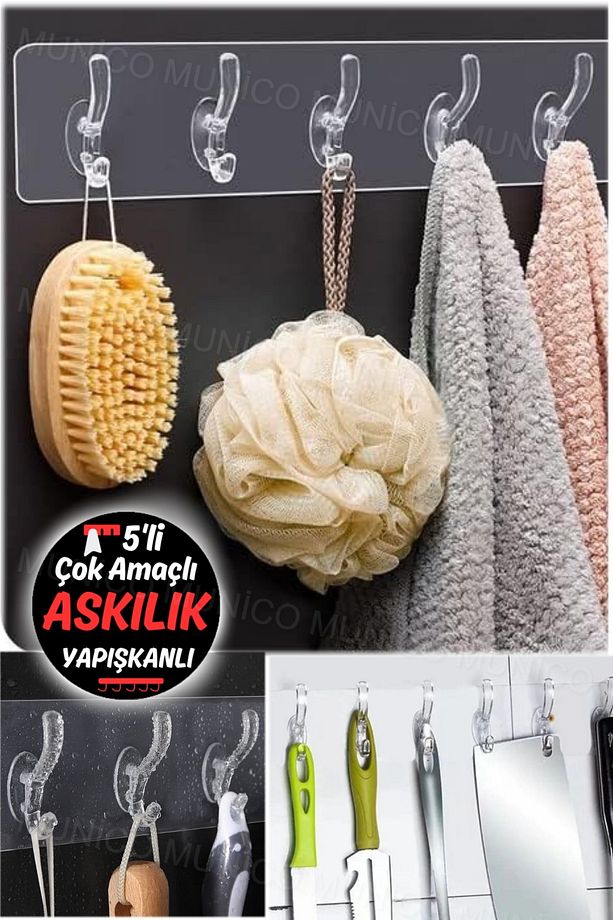 Çok Amaçlı Pratik Heryere Yapışan Askılık Kancalı Askı 5 Kancalı Şeffaf Kapı Arkası Duvara Monte - 6
