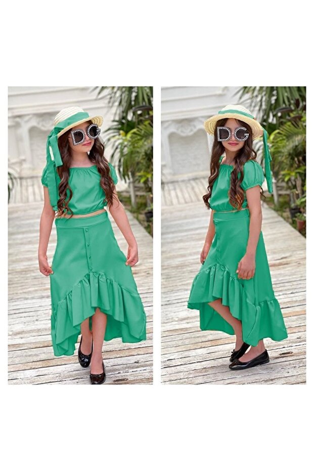 Girl's Crop Blouse Frilly Front Short Back Long Skirt Straw Hat Holiday Summer Set