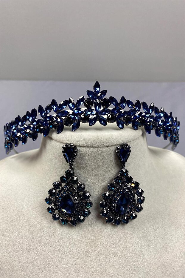 Navy Blue Delicate Vera Bridal Henna Tiara and Teardrop Earrings