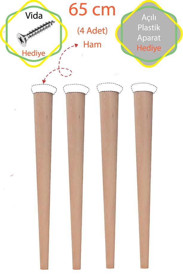 Ham 4 Adet Lüks 65 Cm Konik Ahşap Masa Ayağı Çap: 4,2 Cm Hobi Dıy (VİDA VE APARATLARIYLA BİRLİKTE) - 1