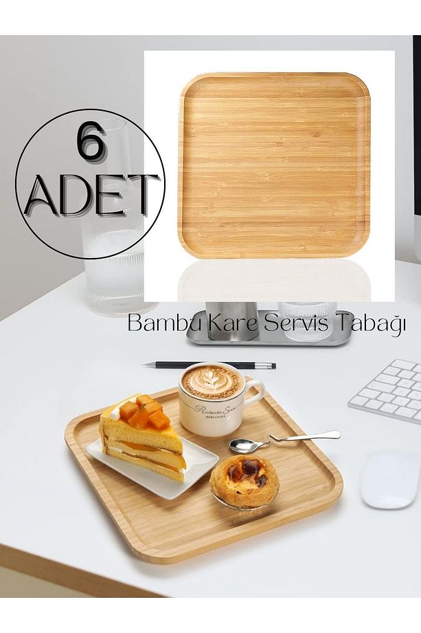 6 Adet Bambu Kare Servis Tabağı, Sunum Seti (20x20 cm) - 1