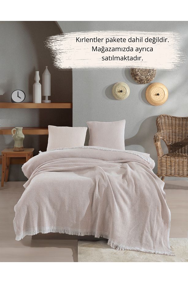 Lily Bej Tek Kişilik Pike 145 X 200 cm Yatak Koltuk Kanepe Berjer Örtüsü Pamuklu Püsküllü - 3