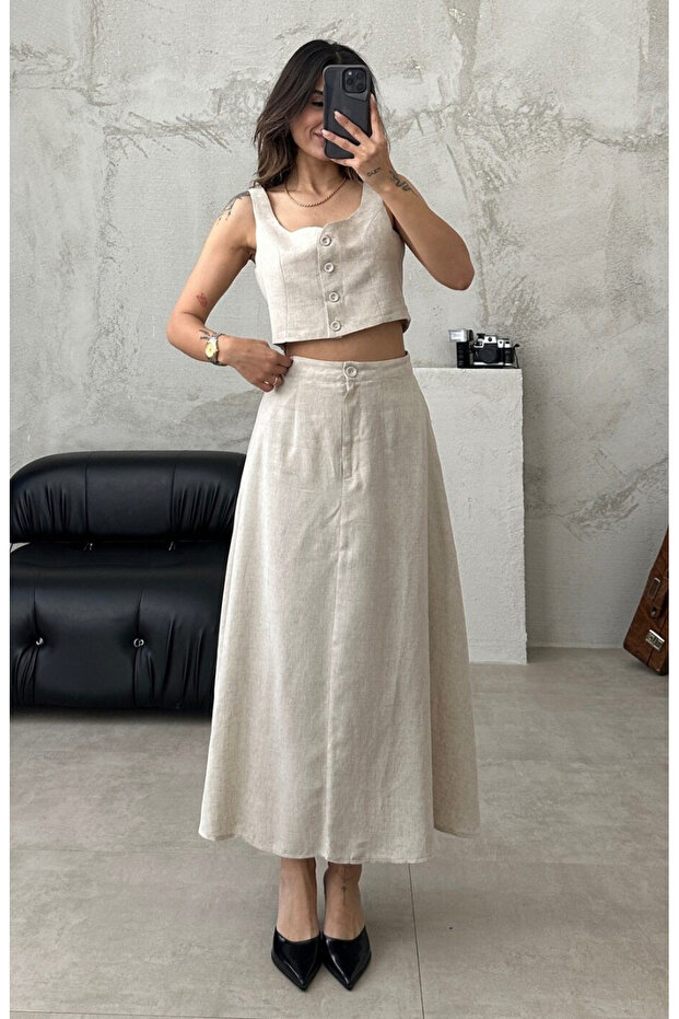 Stone 100% Cotton Buttoned Vest Skirt Linen Set