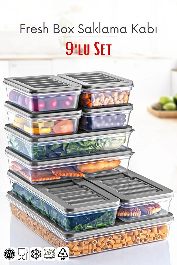 Set of 9 Freshbox - Gray Storage Container Suitable for Microwave and Diffraction - 1