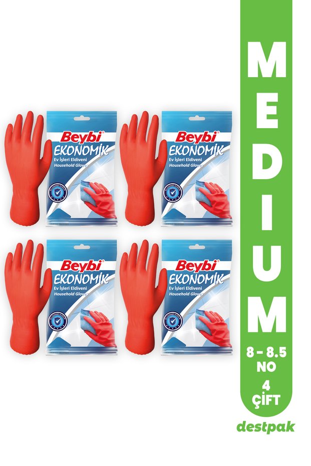 4 Pairs of Beybi Cleaning and Dishwashing Gloves - Sweat-Free Cotton Lined Interior (8-8.5 Medium)