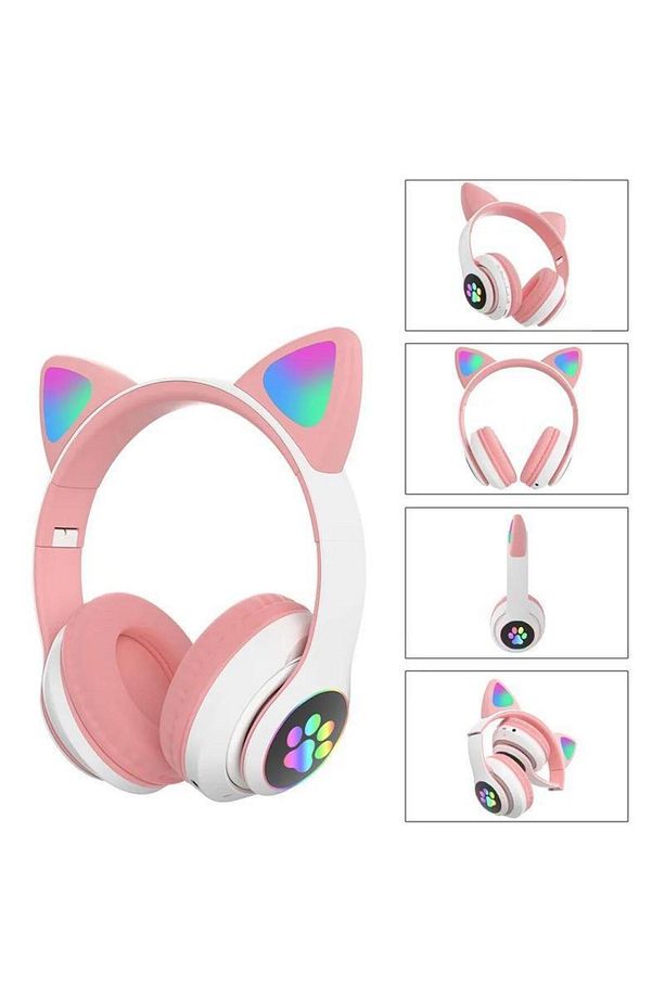 STN28 KABLOSUZ KEDİ KULAKLIK ŞARJLI LED IŞIKLI BLUETOOTH KULAKLIK AUX SD KART - 4