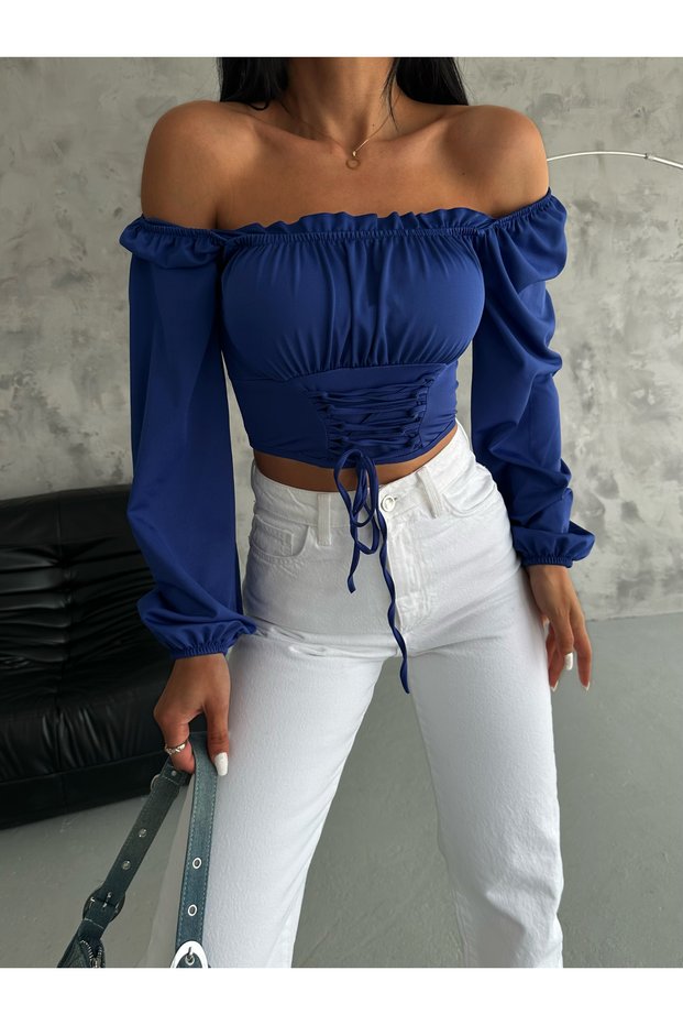 Women's Cobalt Blue Balloon Sleeve Tie up Corset Look Madonna Collar Diver Fabric Crop Blouse