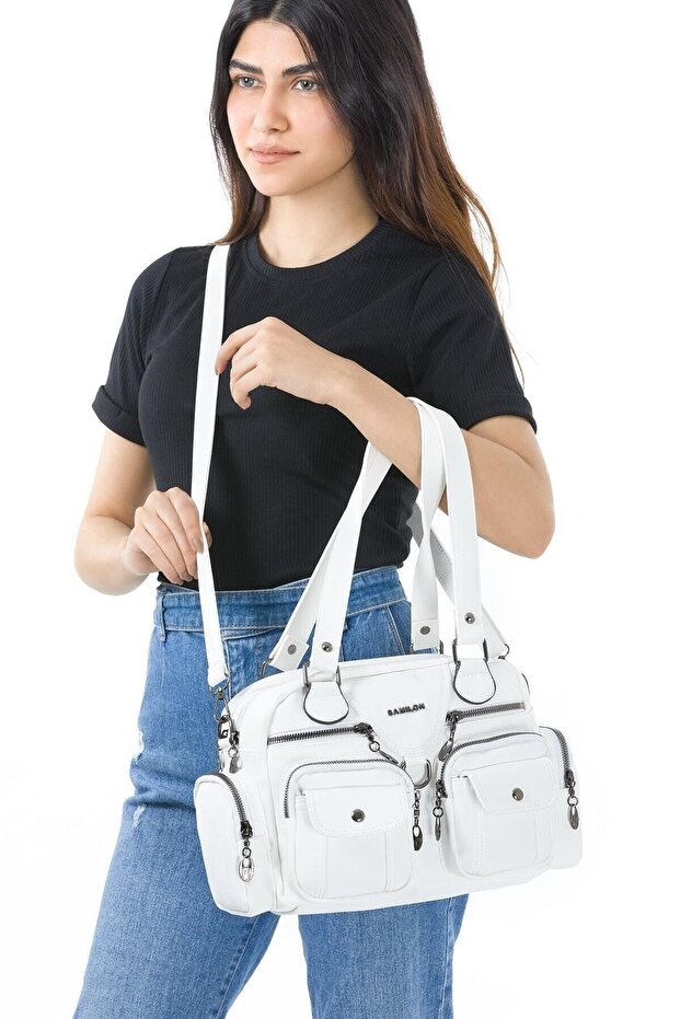 Women's White Washed Leather Multi-Compartment Shoulder and Shoulder Bag