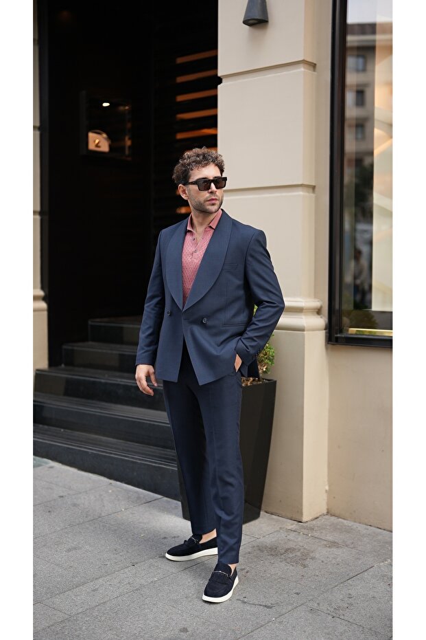 Men's Double Breasted Suit Shawl Collar Italian Style Slim Fit Jacket Trousers-Navy Blue