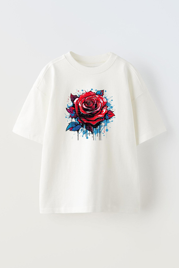 Unisex White Oversized Cotton Knit t-shirt with Dyed Red Single Rose Printed