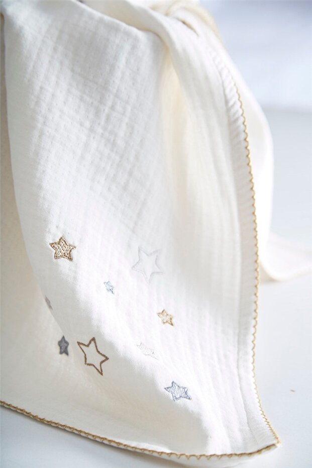 100x100 Mustard Star Embroidered 4 Layer Muslin Blanket