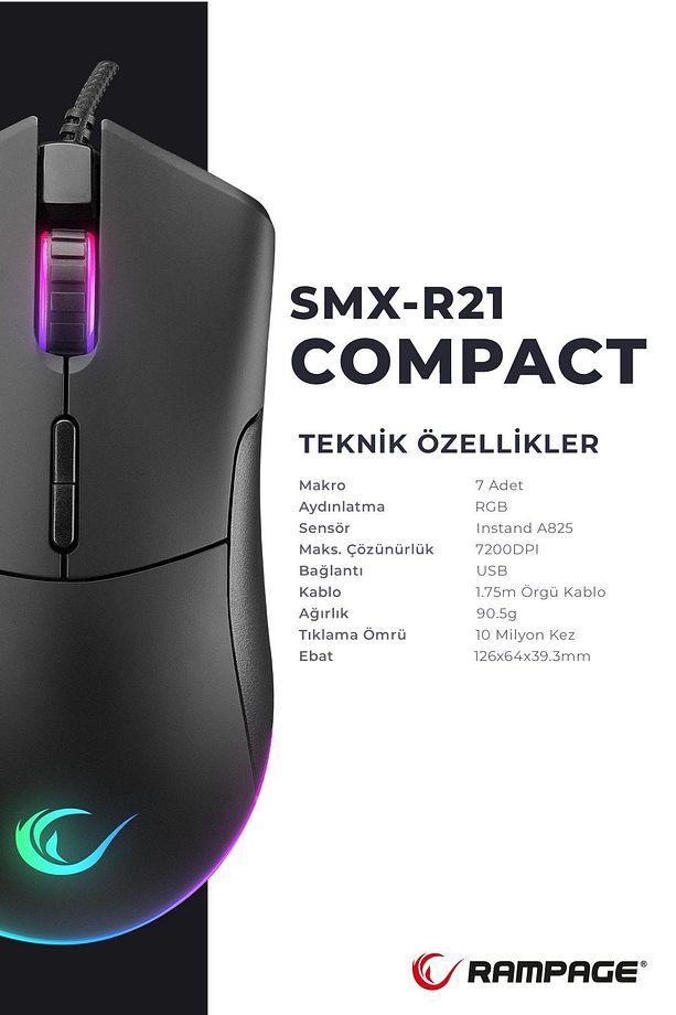 Smx-r21 Compact Usb Siyah Rgb Ledli Makrolu 12800dpi / 1000hz Drag Click Gaming Oyuncu Mouse - 6
