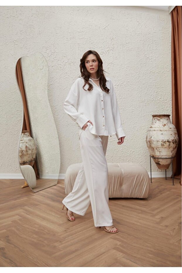 Şık Oversize Gömlek Ekru - 1