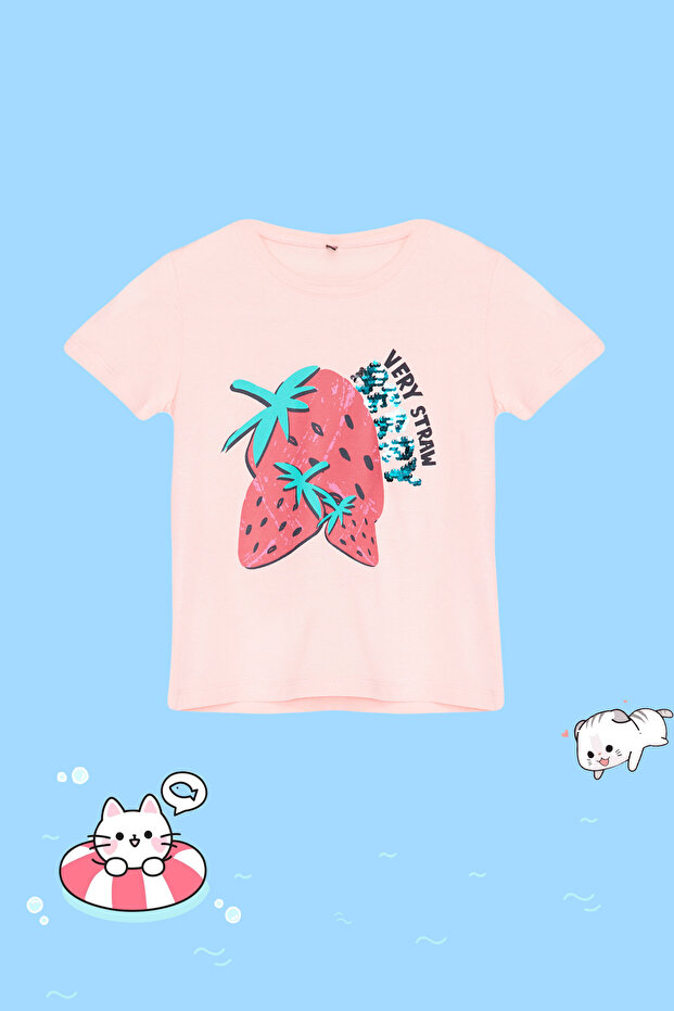 Pembe Kız Çocuk %100 Pamuk Çilek Desenli Regular/Normal Kalıp Kısa Kol Örme T-Shirt TKDSS24TS00007 - 2