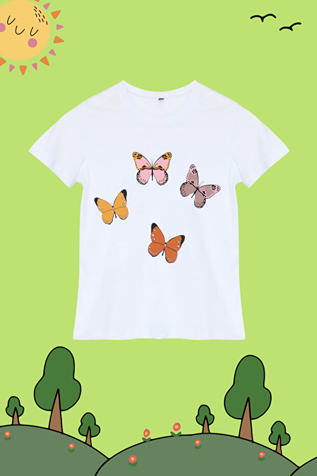 Beyaz Kız Çocuk %100 Pamuk Kelebek Desenli Regular/Normal Kalıp Kısa Kol Örme T-Shirt TKDSS24TS00041 - 3