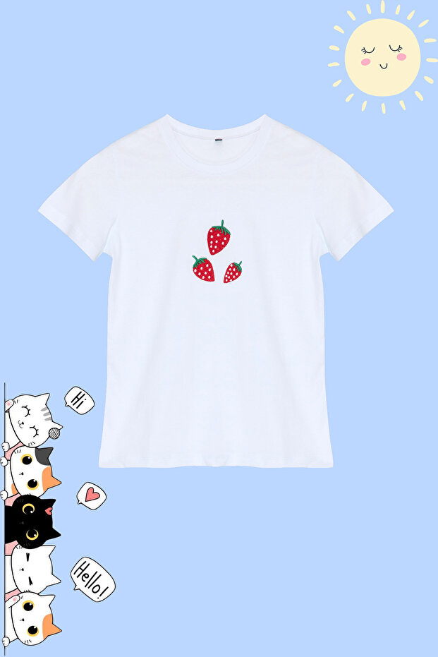 Girl's Strawberry Patterned White Cotton T-Shirt - Tkdss24Ts00039