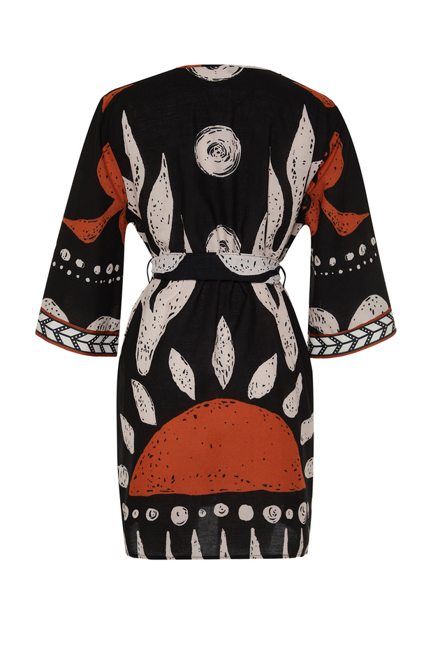 Etnik Desenli Dokuma %100 Pamuk Plaj Mini Kuşaklı Kimono&Kaftan TBESS23KM00035 - 8