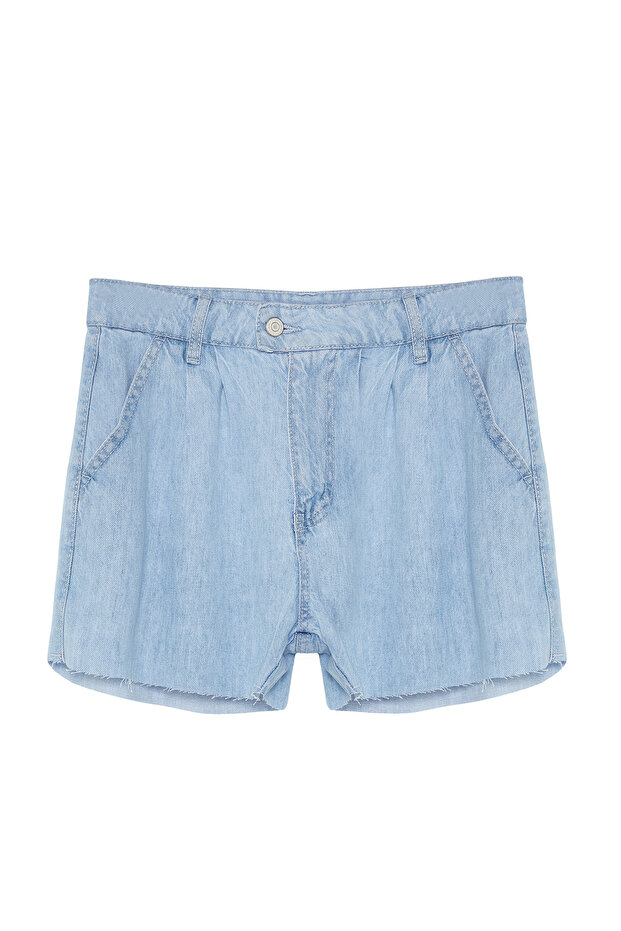 Açık Mavi %100 Tencel™ Pileli Yüksek Bel Şort TWOSS24SR00187 - 9