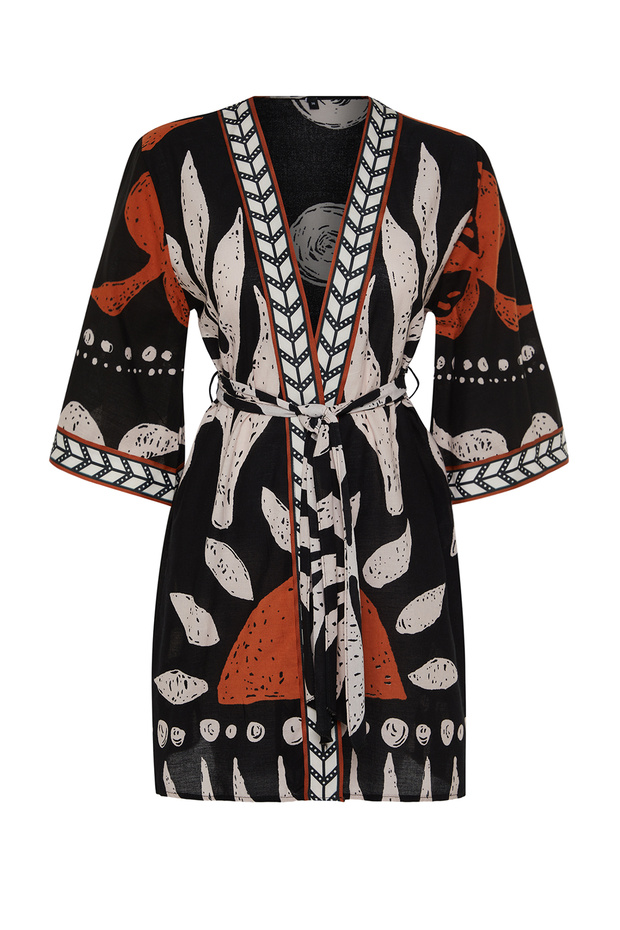 Etnik Desenli Dokuma %100 Pamuk Plaj Mini Kuşaklı Kimono&Kaftan TBESS23KM00035 - 7