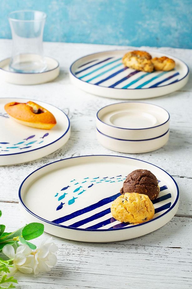 18 Parça 6 Kişilik Marin Stackable Kahvaltı Takımı Seti&çay Bardaklı Kahvaltı Takımı Çay Seti - 1
