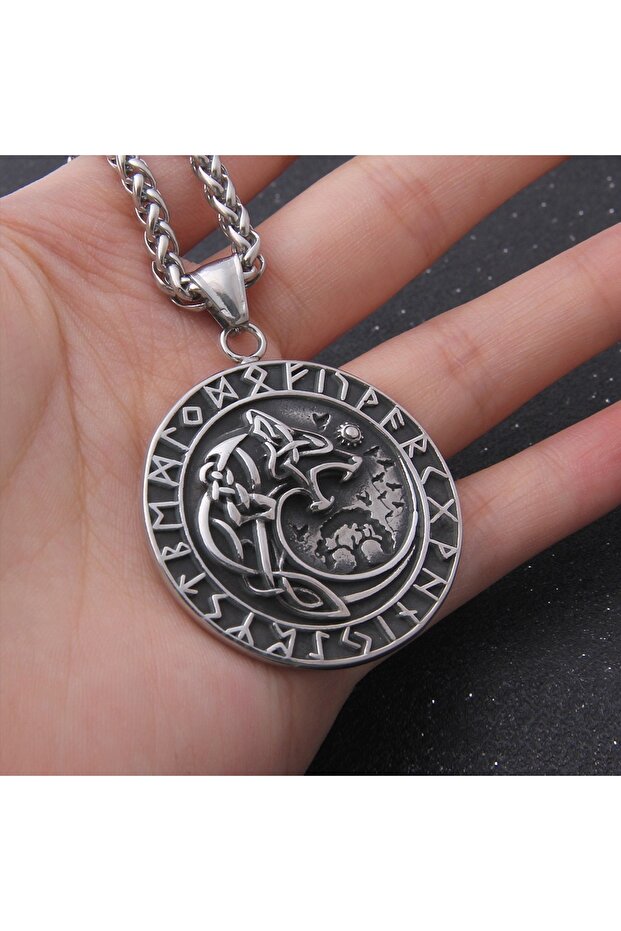 Odin Geri & Freki Wolf Design Vegvisir Engraved Double-Sided 316L Steel Necklace