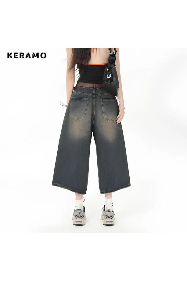 Harajuku Siyah Yıkamalı Y2K Baggy  Kapri Kot Şort - 3