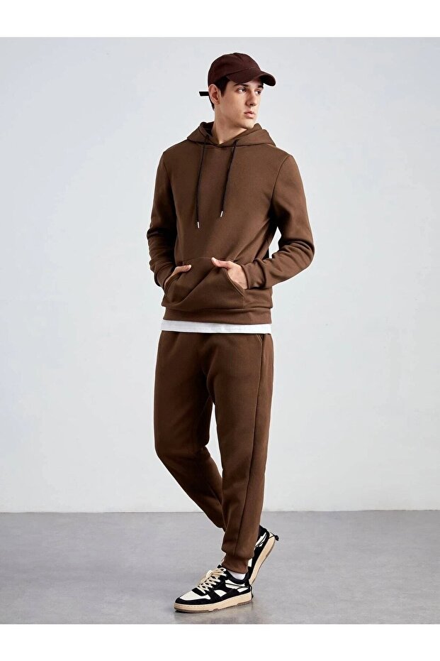 Brown Unisex Hooded Tracksuit Set
