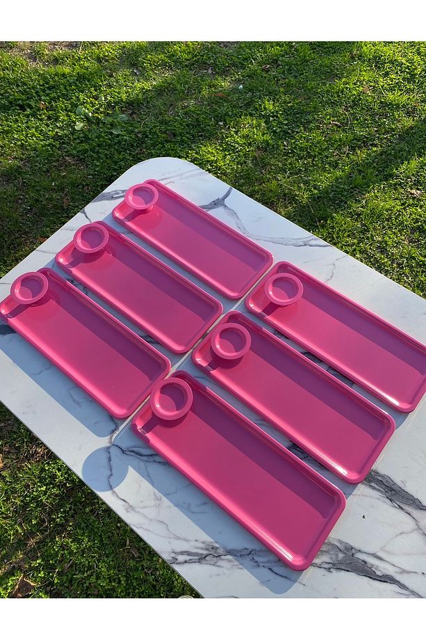 2 Model 6'lı pembe Baton Tepsi Ve 6'lı Pembe Makaronluk, Kahve Ve Pasta Servisi Sunum Tepsisi - 1