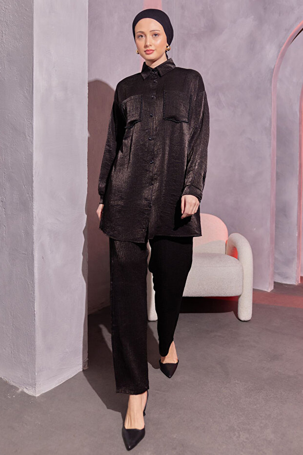 3985 Double Suit with Bead Detail on Pockets, Black
