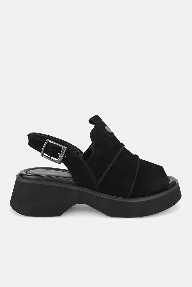 Women's Black Nubuck Genuine Natural Leather Short-Heeled Sandals