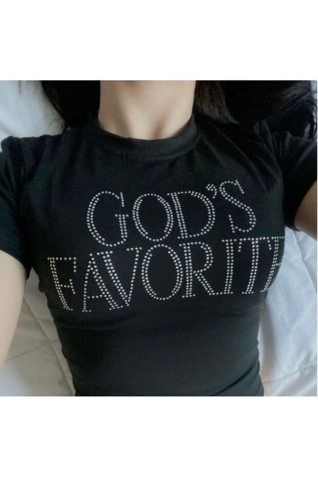 Gods Favorite Black Glitter Stone Printed Women's Crop