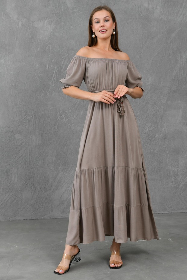 Women's Mink Cotton Fabric Madonna Collar Rope Belt Detailed Maxi Dress 6298