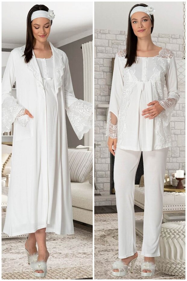 Cotton Maternity Dressing Gown Pajamas (Elastic Waist Adjustable) Nightgown Set with Lace Detail